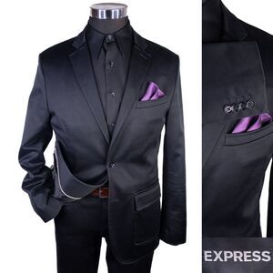 Express Solid Black Sz S-P (38) Cotton Two Button Sport Coat Jacket Blazer EUC